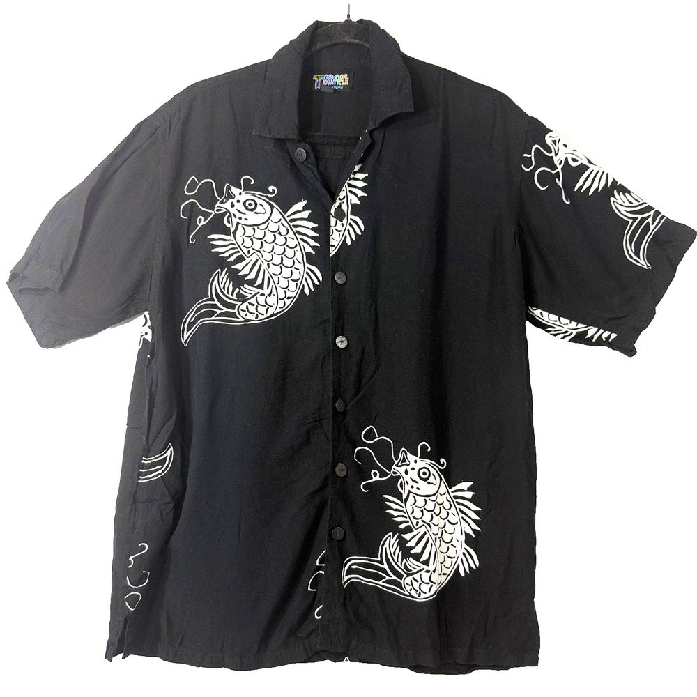 Tropical Tantrum Hawaii Rayon Koi Fish Hawaiian Shirt Men Medium Black Button Up